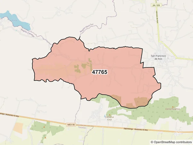 Mapa del código postal 47765, Atotonilco el Alto, Jalisco