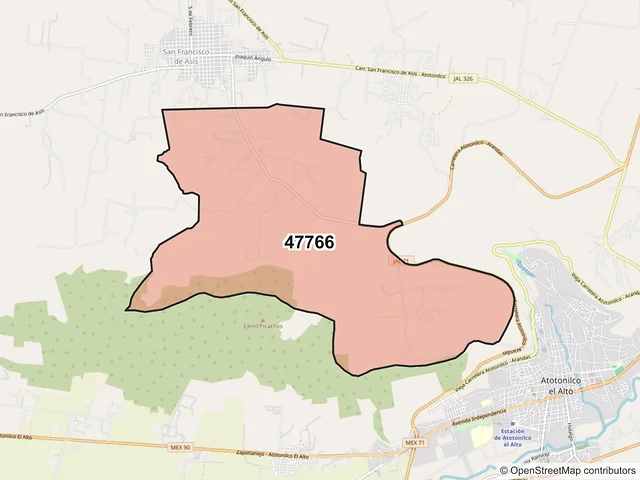 Mapa del código postal 47766, Atotonilco el Alto, Jalisco