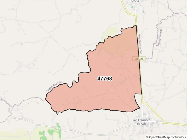 Mapa del código postal 47768, Atotonilco el Alto, Jalisco