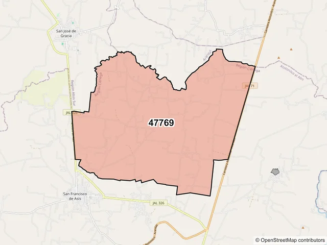 Mapa del código postal 47769, Atotonilco el Alto, Jalisco