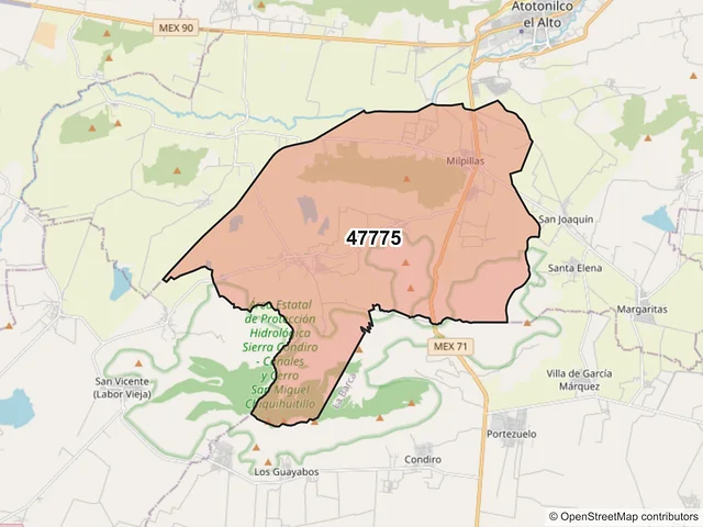 Mapa del código postal 47775, Atotonilco el Alto, Jalisco