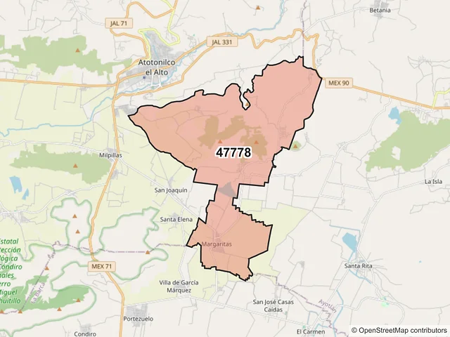 Mapa del código postal 47778, Atotonilco el Alto, Jalisco