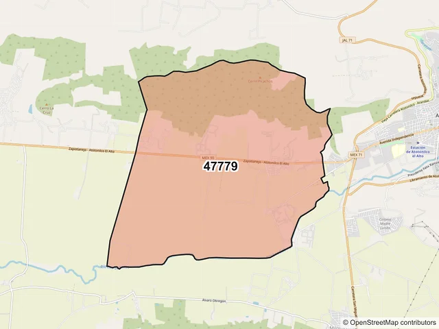 Mapa del código postal 47779, Atotonilco el Alto, Jalisco