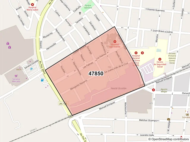 Mapa del código postal 47850, Ocotlán, Jalisco