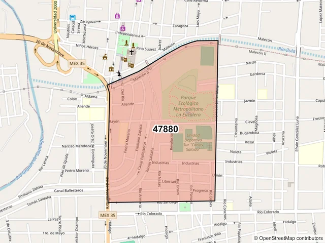 Mapa del código postal 47880, Ocotlán, Jalisco