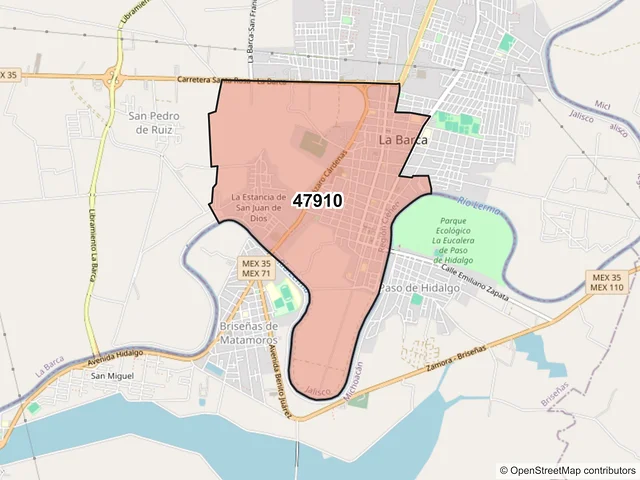 Mapa del código postal 47910, La Barca, Jalisco