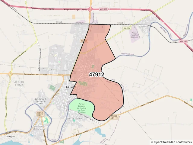 Mapa del código postal 47912, La Barca, Jalisco