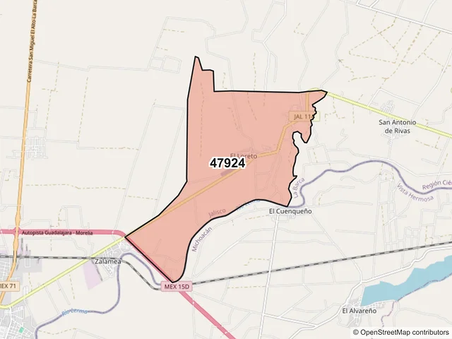 Mapa del código postal 47924, La Barca, Jalisco