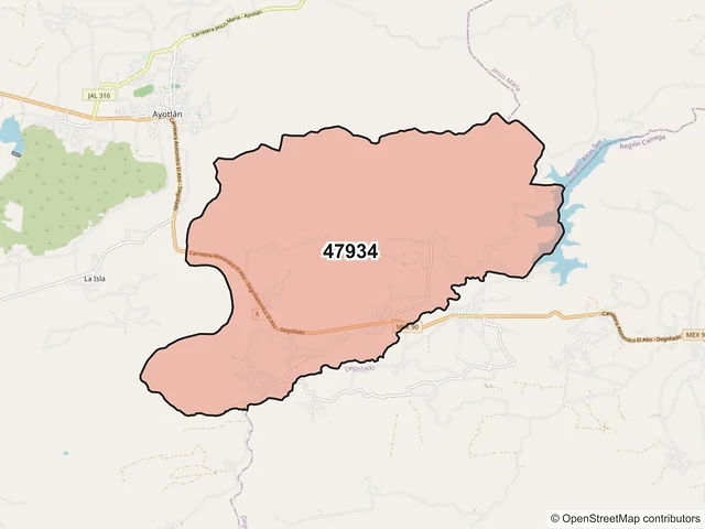 Mapa del código postal 47934, Ayotlán, Jalisco