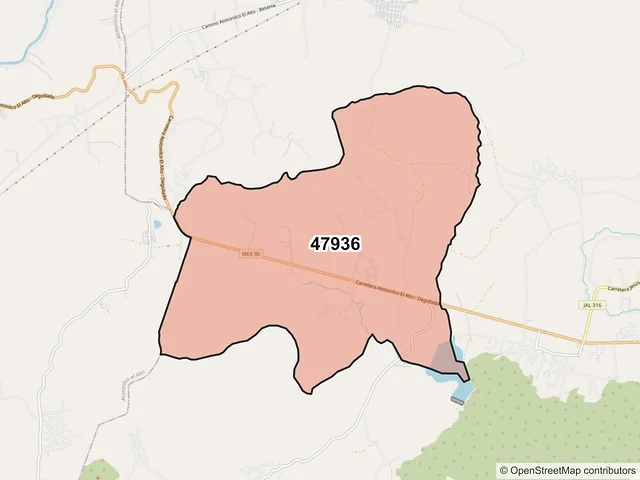 Mapa del código postal 47936, Ayotlán, Jalisco
