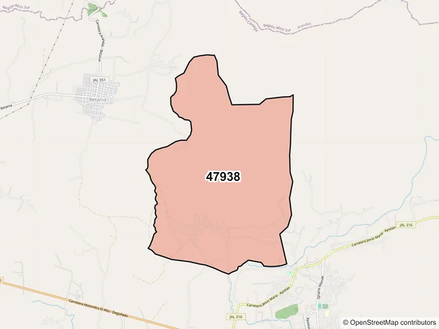 Mapa del código postal 47938, Ayotlán, Jalisco