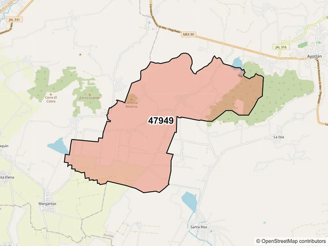 Mapa del código postal 47949, Ayotlán, Jalisco
