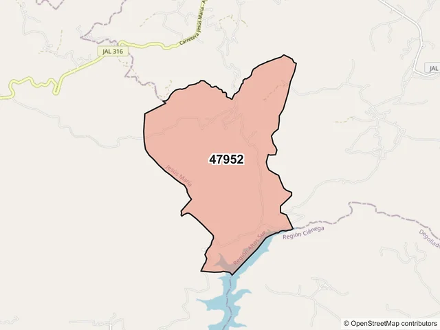 Mapa del código postal 47952, Jesús María, Jalisco