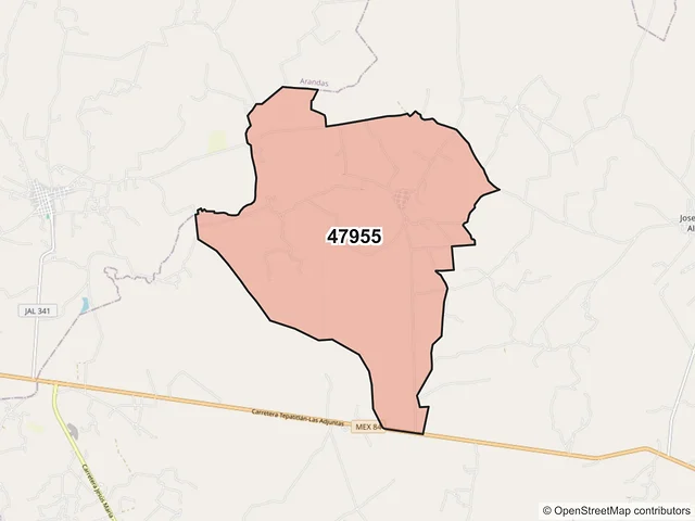 Mapa del código postal 47955, Jesús María, Jalisco