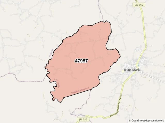 Mapa del código postal 47957, Jesús María, Jalisco