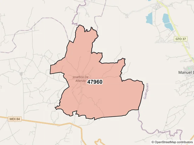 Mapa del código postal 47960, Jesús María, Jalisco