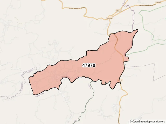 Mapa del código postal 47970, Jesús María, Jalisco
