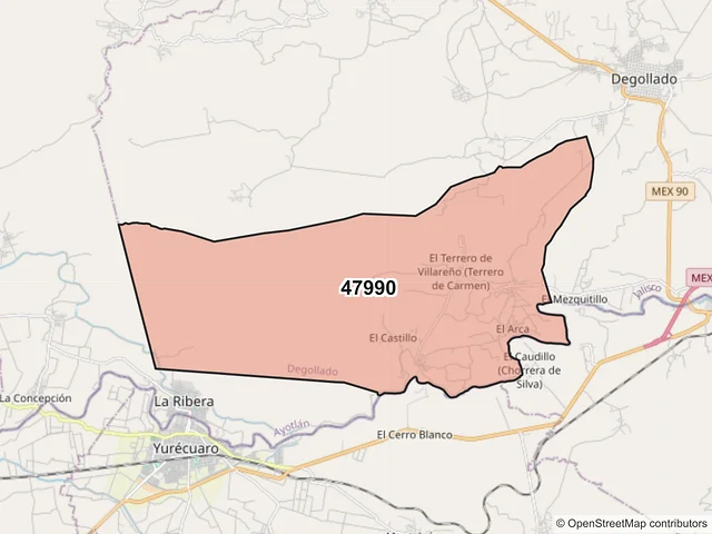 Mapa del código postal 47990, Degollado, Jalisco