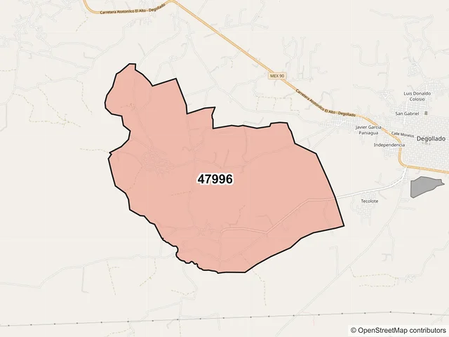 Mapa del código postal 47996, Degollado, Jalisco
