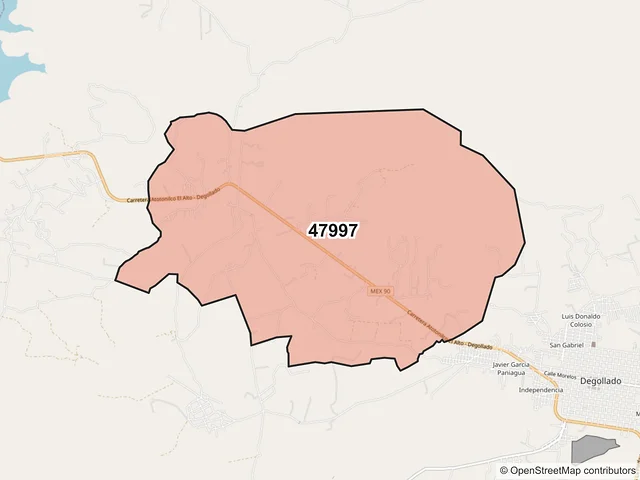 Mapa del código postal 47997, Degollado, Jalisco