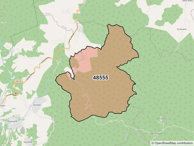 Mapa del código postal 48555, Tecolotlán, Jalisco
