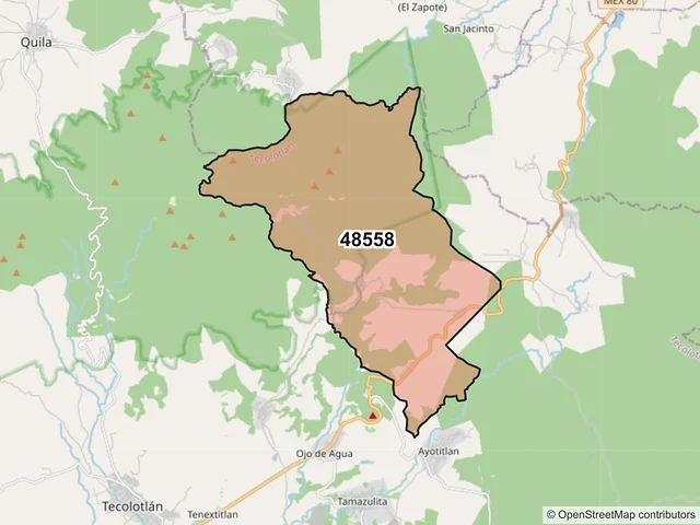 Mapa del código postal 48558, Tecolotlán, Jalisco