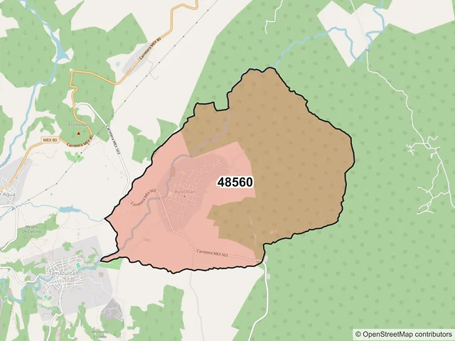 Mapa del código postal 48560, Tecolotlán, Jalisco