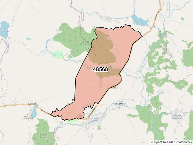 Mapa del código postal 48568, Tecolotlán, Jalisco