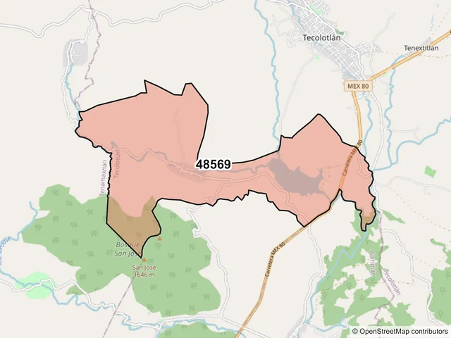 Mapa del código postal 48569, Tecolotlán, Jalisco