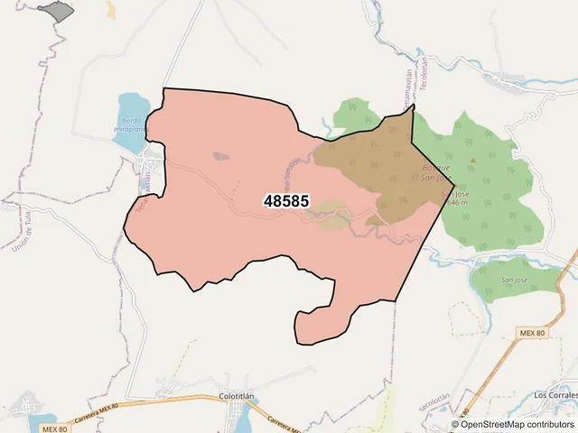 Mapa del código postal 48585, Tenamaxtlán, Jalisco