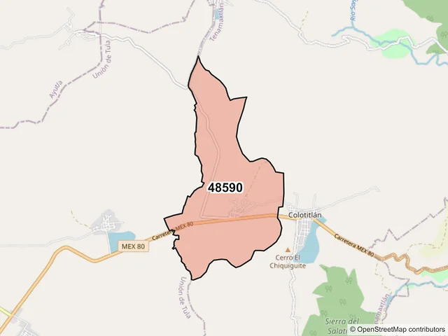 Mapa del código postal 48590, Tenamaxtlán, Jalisco