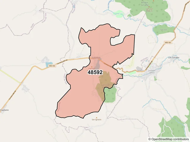 Mapa del código postal 48592, Tenamaxtlán, Jalisco