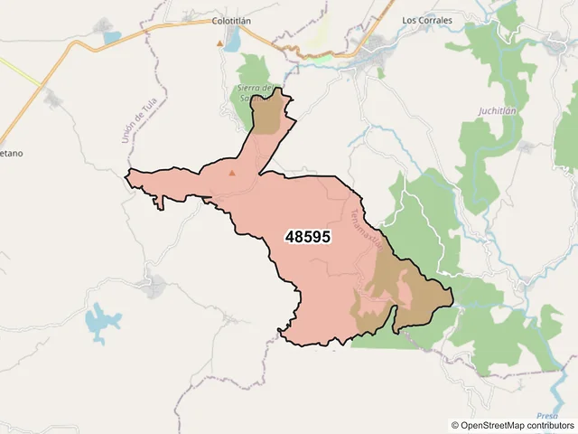 Mapa del código postal 48595, Tenamaxtlán, Jalisco