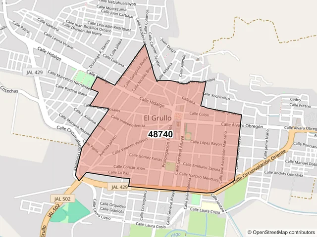 Mapa del código postal 48740, El Grullo, Jalisco