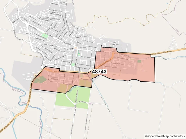 Mapa del código postal 48743, El Grullo, Jalisco
