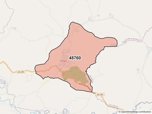 Mapa del código postal 48760, Tonaya, Jalisco