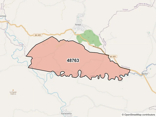 Mapa del código postal 48763, Tonaya, Jalisco