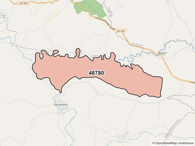 Mapa del código postal 48780, Tuxcacuesco, Jalisco