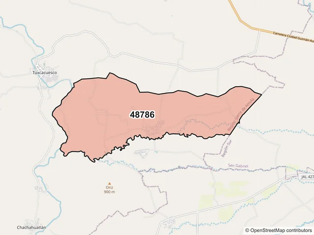 Mapa del código postal 48786, Tuxcacuesco, Jalisco