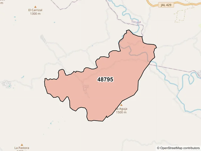 Mapa del código postal 48795, Tuxcacuesco, Jalisco
