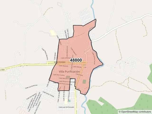 Mapa del código postal 48800, Villa Purificación, Jalisco