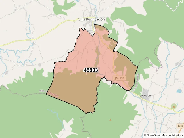 Mapa del código postal 48803, Villa Purificación, Jalisco