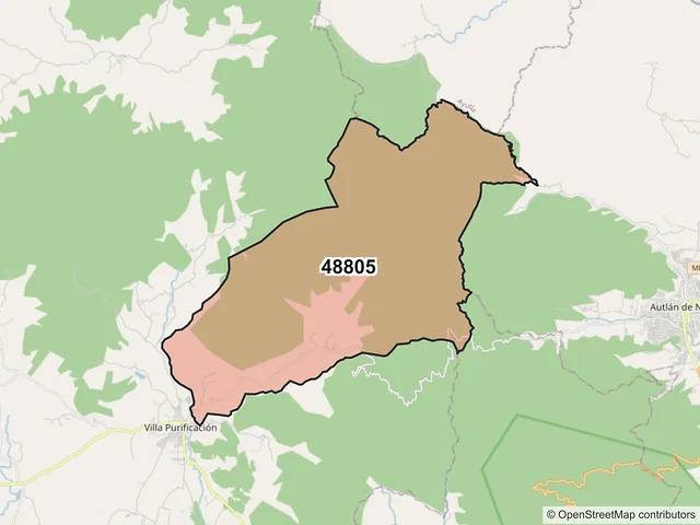 Mapa del código postal 48805, Villa Purificación, Jalisco
