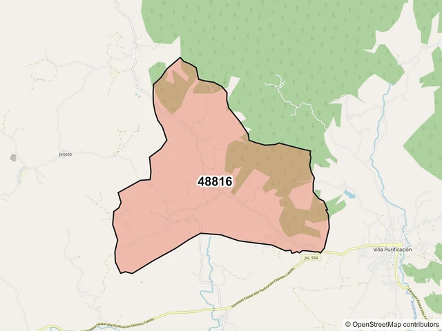 Mapa del código postal 48816, Villa Purificación, Jalisco