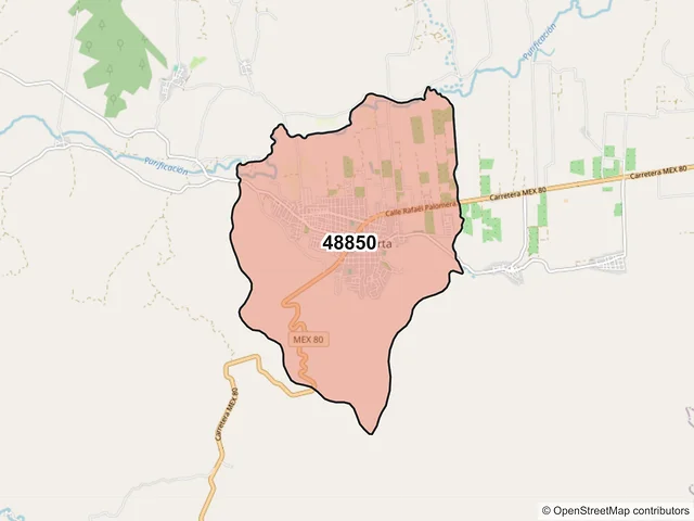 Mapa del código postal 48850, La Huerta, Jalisco