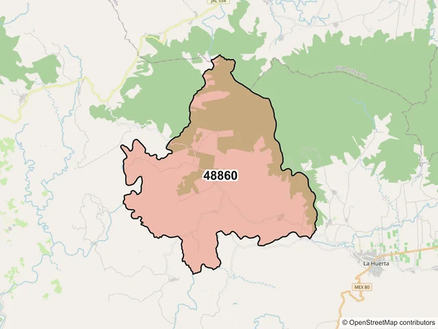Mapa del código postal 48860, La Huerta, Jalisco