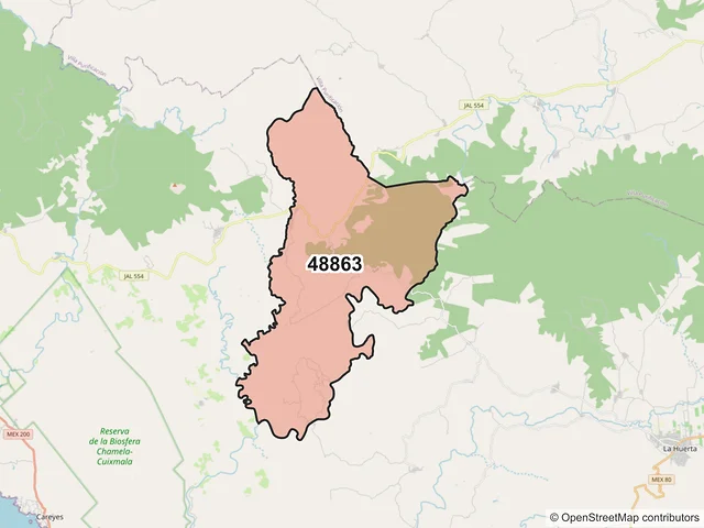 Mapa del código postal 48863, La Huerta, Jalisco