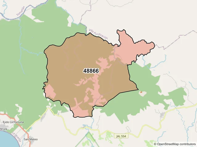 Mapa del código postal 48866, La Huerta, Jalisco