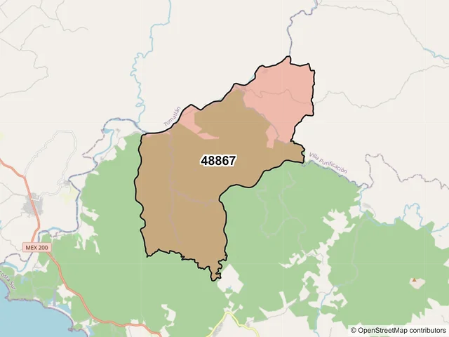 Mapa del código postal 48867, La Huerta, Jalisco