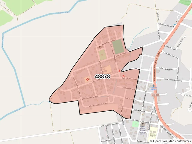 Mapa del código postal 48878, La Huerta, Jalisco